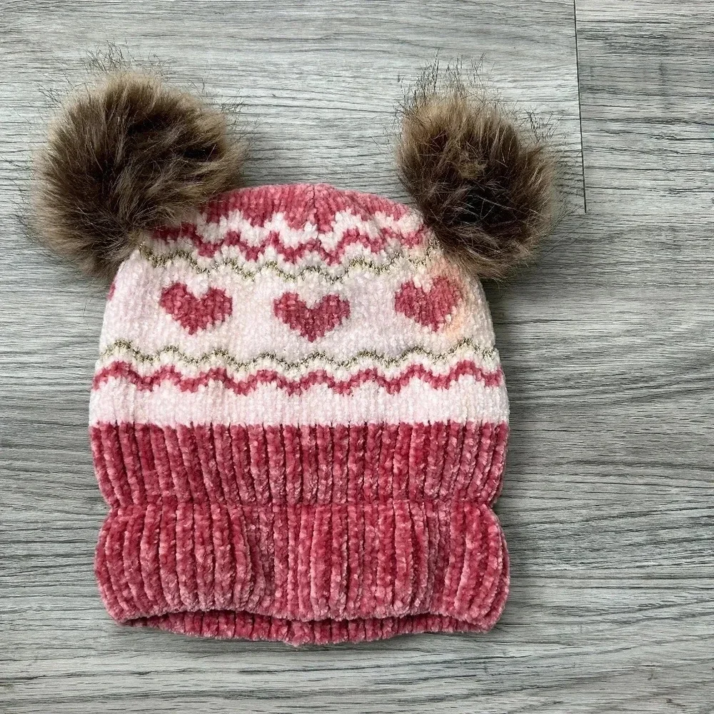 Tobys Pink and‎ White Winter Hat with Brown 